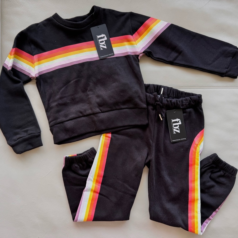 NWT FBZ Flowers By Zoe Girls Retro Stripe Black Sweatpants & Shirt Set 6 $125